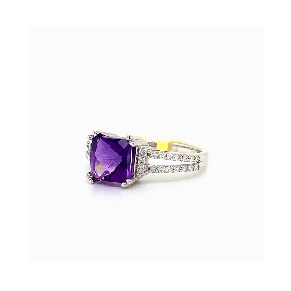 10KT White Gold Square Amethyst + Diamond Ring