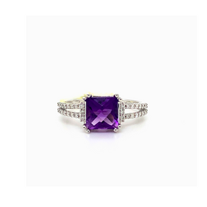 10KT White Gold Square Amethyst + Diamond Ring