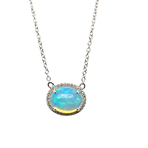 14kt White Gold Ethiopian Opal Diamond Pendant