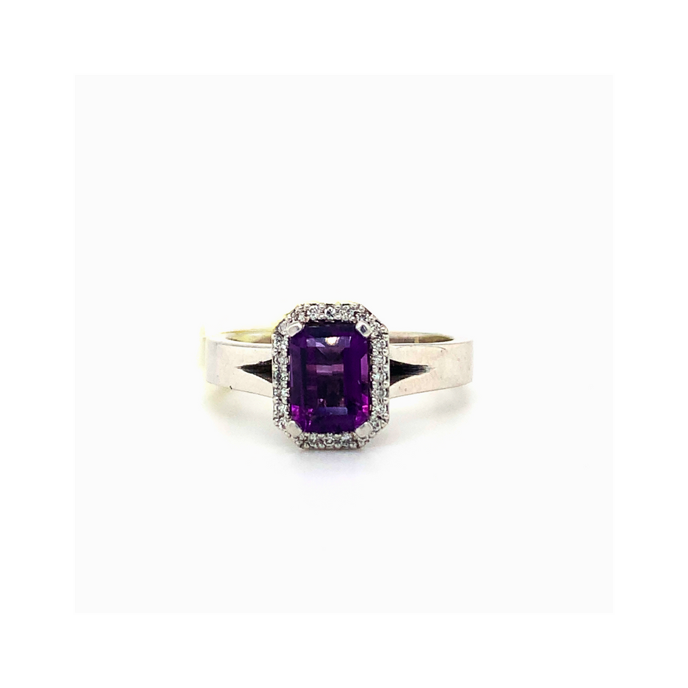 10KT White Gold Amethyst + Diamond accents Ring