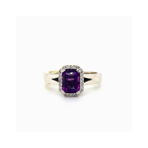 10KT White Gold Amethyst + Diamond accents Ring