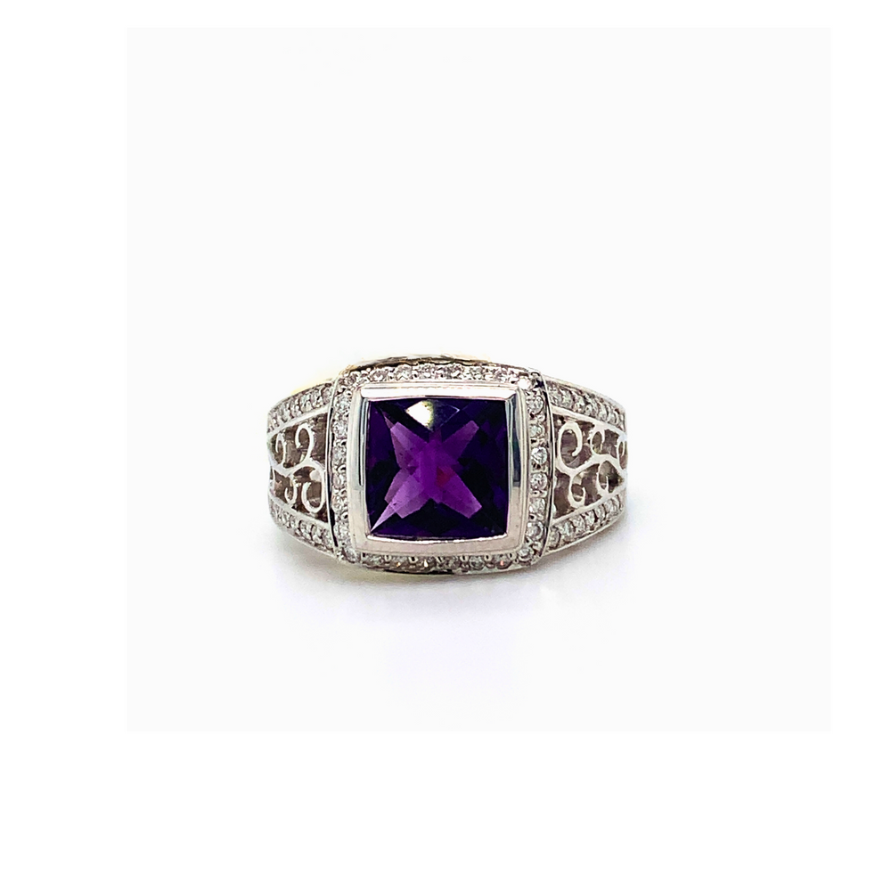 10KT White Gold Amethyst + Diamond ring