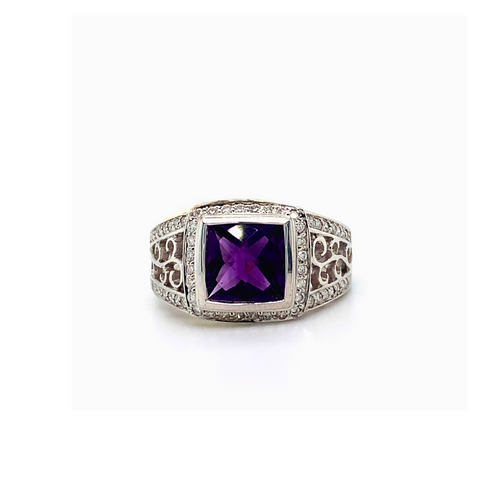 10KT White Gold Amethyst + Diamond ring