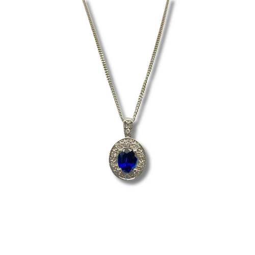 14KW Natural Blue Sapphire Solitaire and Diamond Pendant