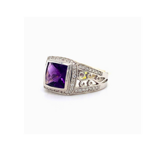 10KT White Gold Amethyst + Diamond ring