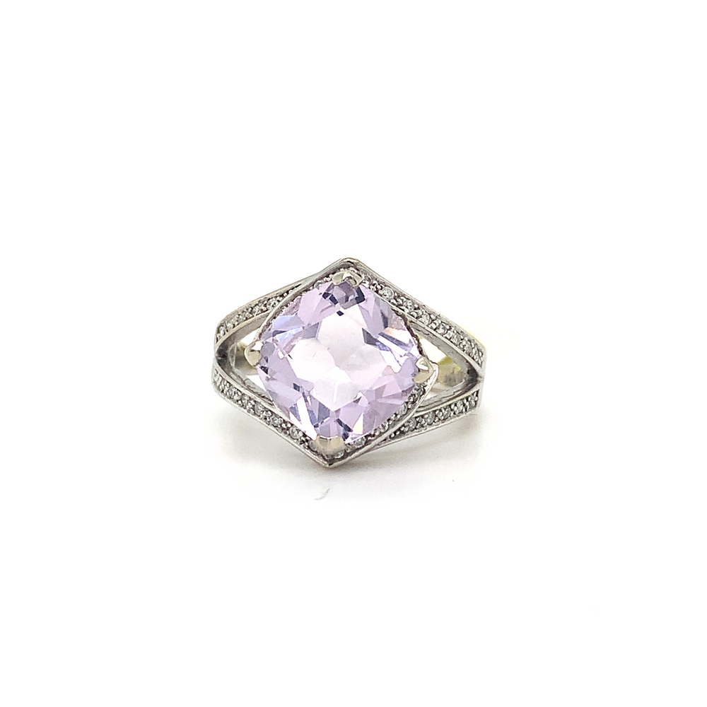 10KT White Gold Amethyst + Diamond ring