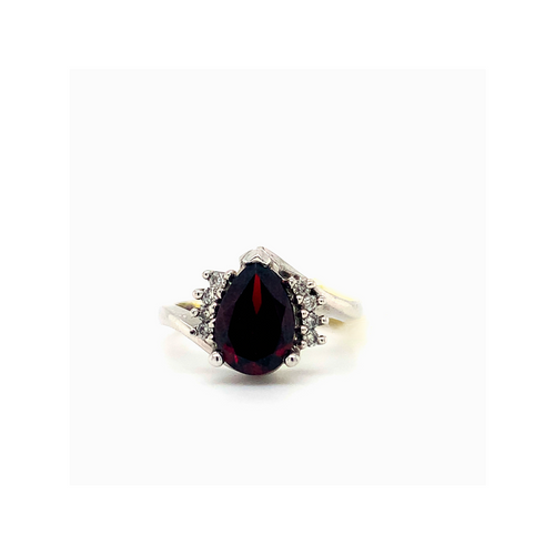 10kt White Gold Pear cut Garnet + Diamond Ring