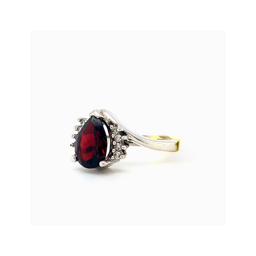 10kt White Gold Pear cut Garnet + Diamond Ring