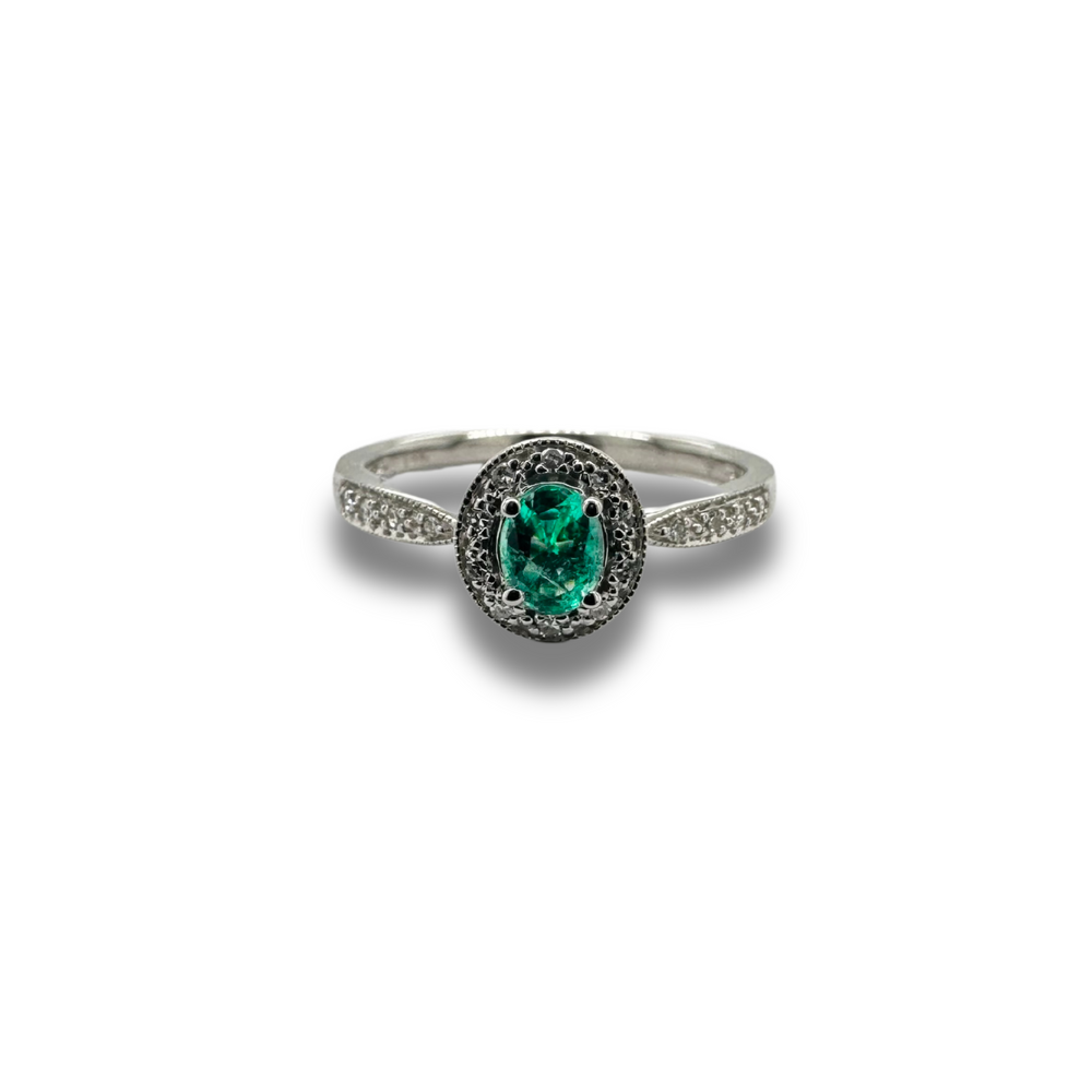 14KW Emerald and Diamond Halo Ring