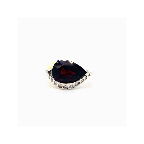 14kt White Gold Garnet + Diamond Ring
