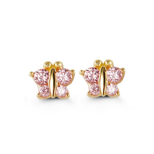 14kt Yellow Gold Pink Butterfly Baby Earrings