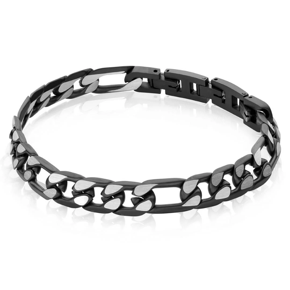 Italgem Stainless Steel Black IP Matte Diamond Cut Figaro Bracelet