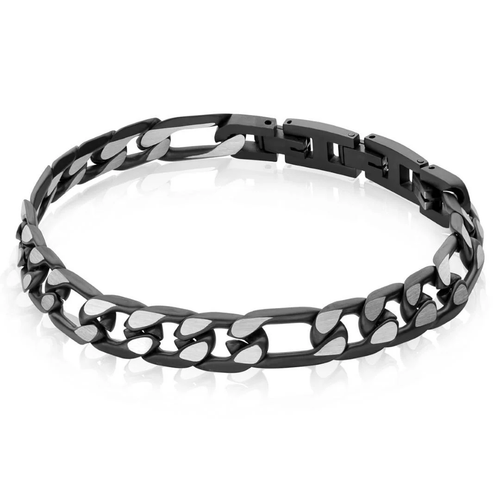 Italgem Stainless Steel Black IP Matte Diamond Cut Figaro Bracelet