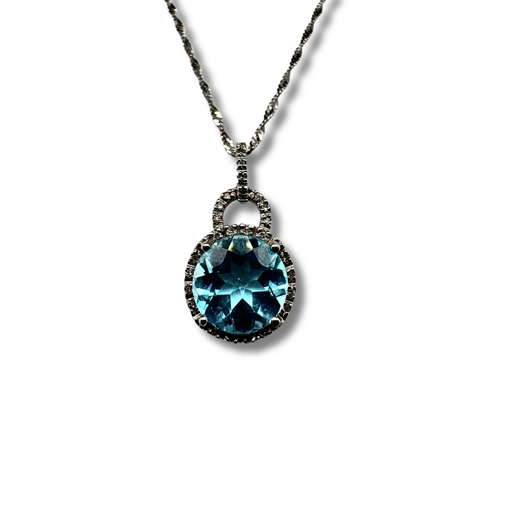 10KW Round Blue Topaz and Diamond Pendant
