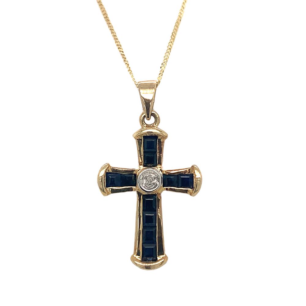 10kt Yellow Gold Diamond Blue Sapphire Cross Pendant