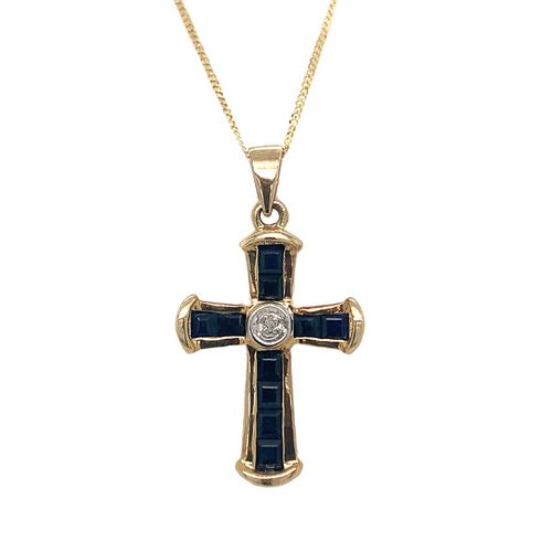 10kt Yellow Gold Diamond Blue Sapphire Cross Pendant