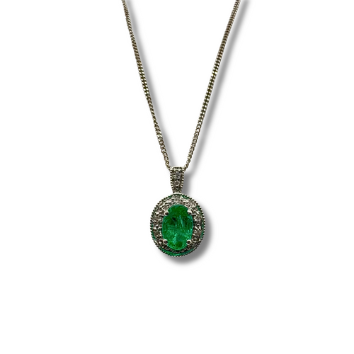 14KW Natural Emerald Solitaire and Diamond Oval Pendant