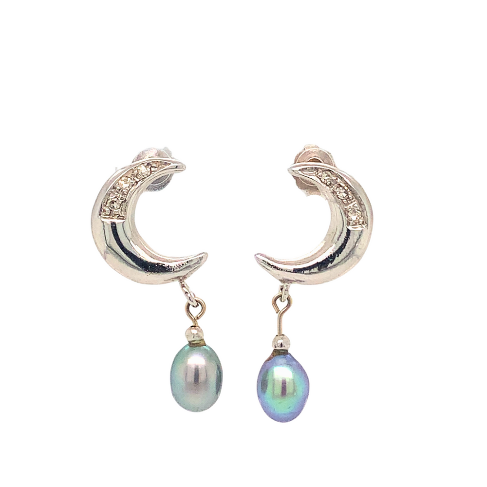 14K White Gold Moon Pearl + Diamond Earrings