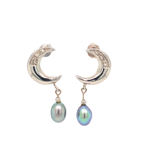 14K White Gold Moon Pearl + Diamond Earrings