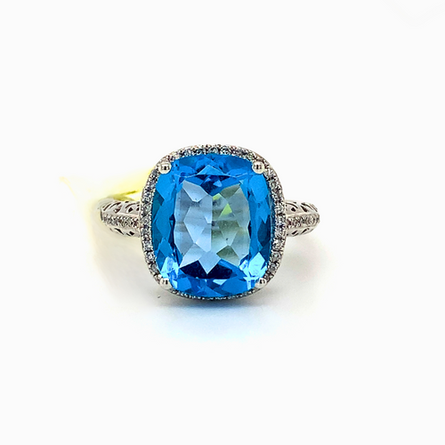10kt White Gold Blue Topaz + Diamond ring