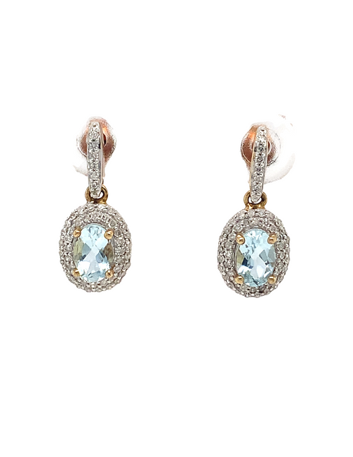 10KT Yellow Gold Aquamarine + Diamond earrings