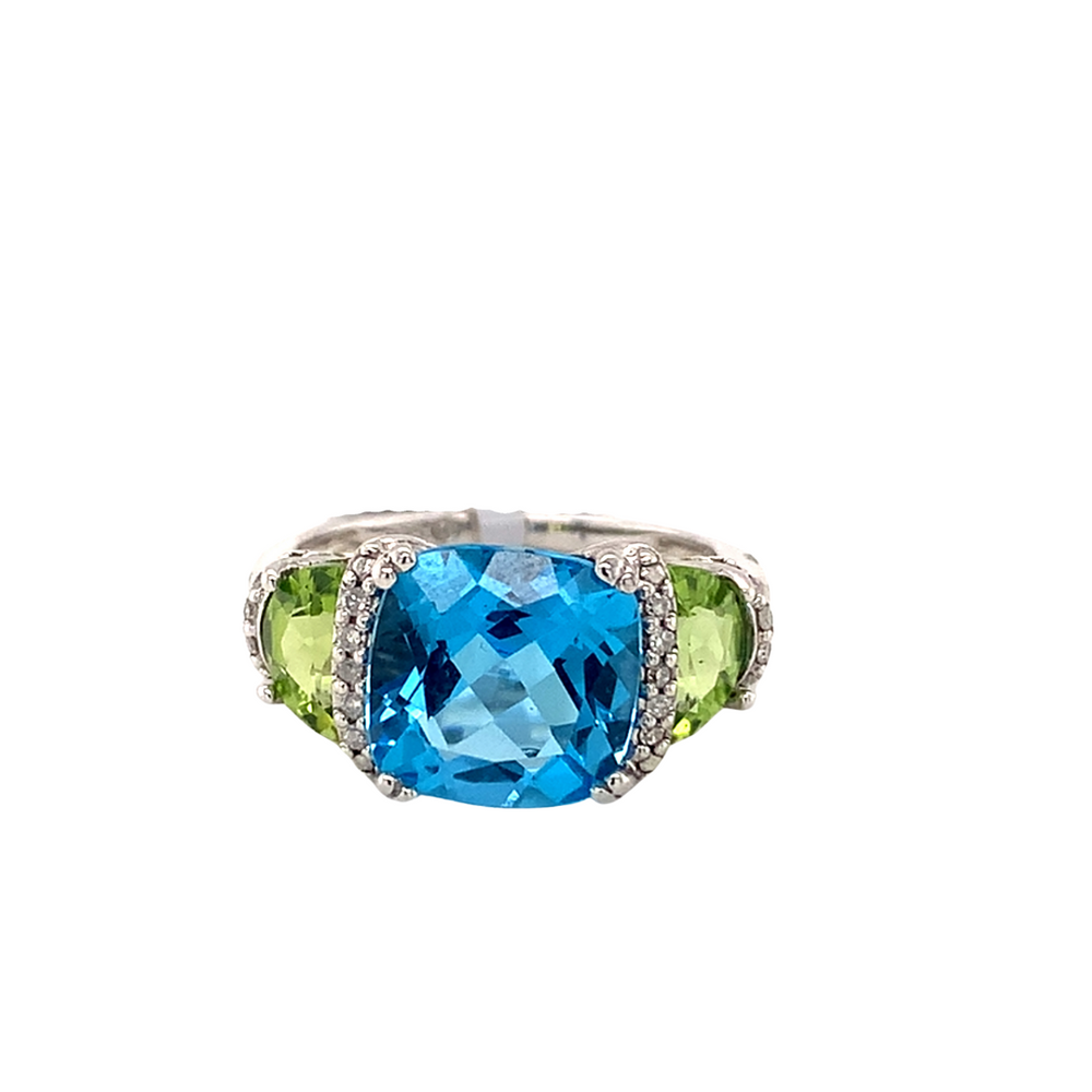 Sterling Silver Ring with Blue Topaz, Peridot and Diamonds