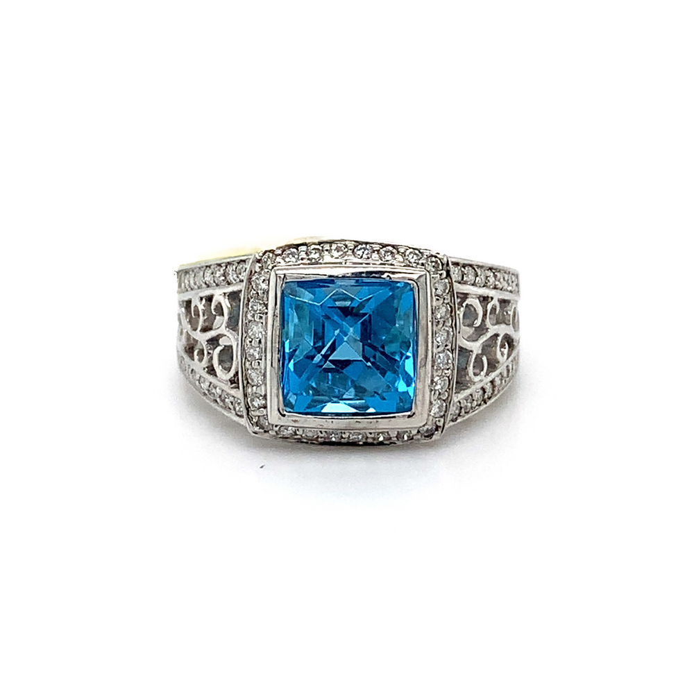 10kt White Gold Blue Topaz + Diamond ring