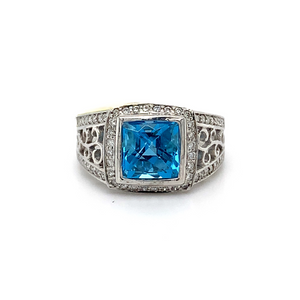 10kt White Gold Blue Topaz + Diamond ring