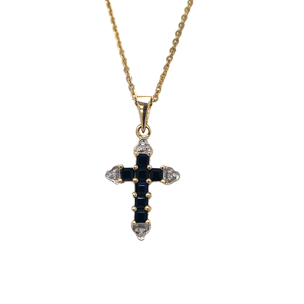 10kt Yellow Gold Blue Sapphire Cross Pendant + Diamonds