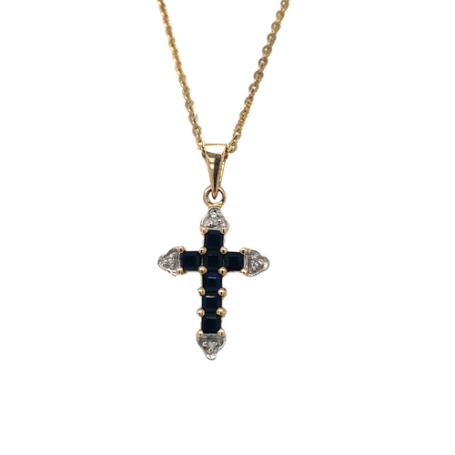 10kt Yellow Gold Blue Sapphire Cross Pendant + Diamonds