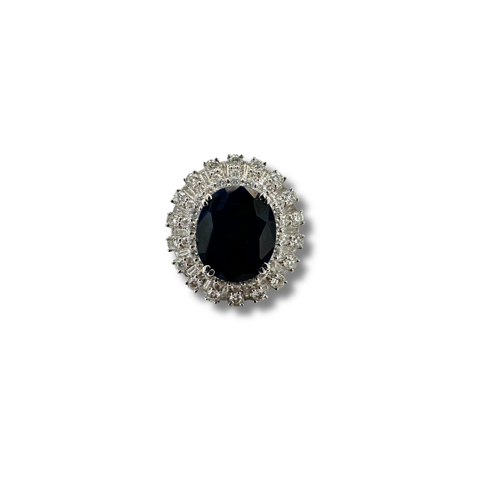 18KW Blue Sapphire and Diamond Halo Ring