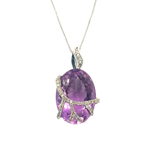 14K White Gold Amethyst and Diamond Pendant