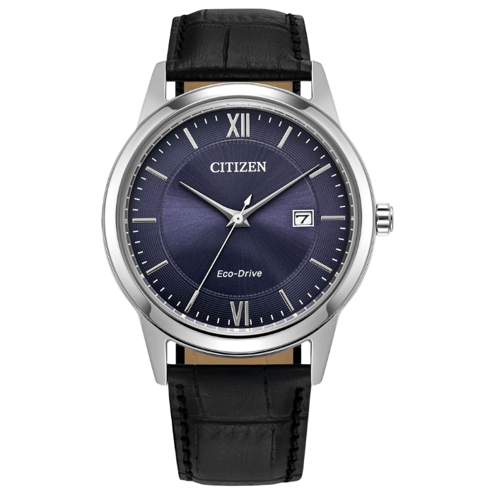 Citizen Classic Blue Dial Silver Tone Black Leather Eco Drive Watch AW1780-09L
