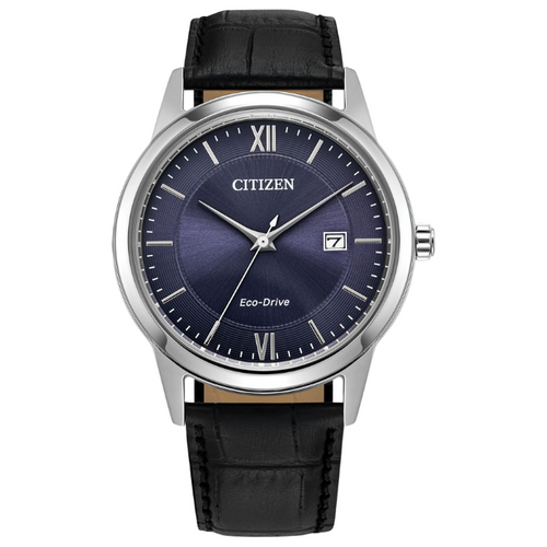 Citizen Classic Blue Dial Silver Tone Black Leather Eco Drive Watch AW1780-09L