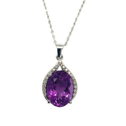 10K White Gold Amethyst and Diamond Pendant