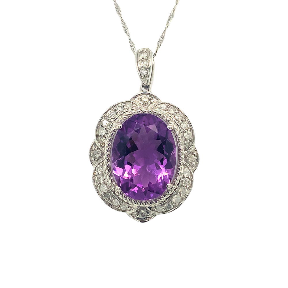 10K White Gold Amethyst and Diamond Pendant