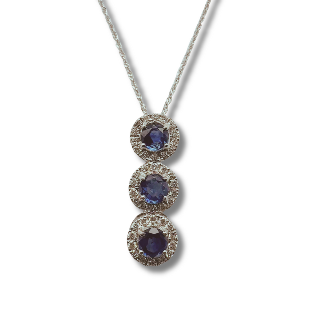 14KW 3 Stone Natural Blue Sapphire and Diamond Pendant