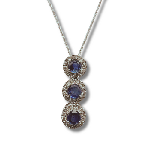14KW 3 Stone Natural Blue Sapphire and Diamond Pendant