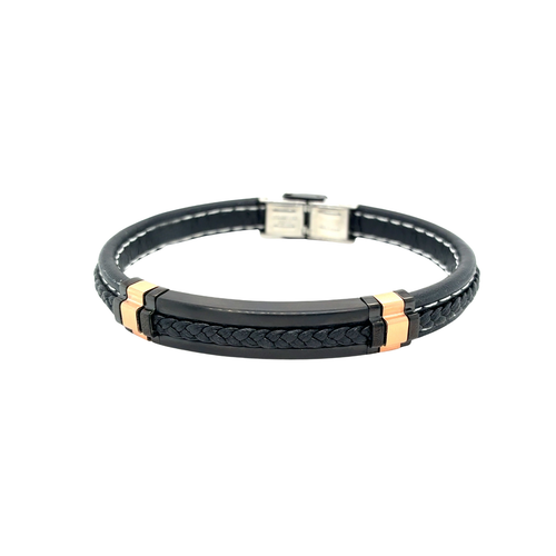Italgem Stainless Steel Rose Black Leather Bracelet