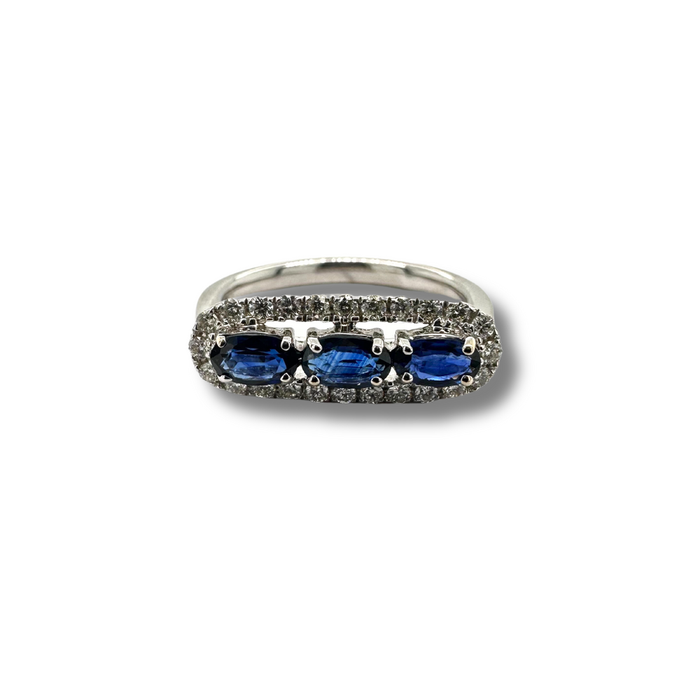 14KW 3 Stone Blue Sapphire and Diamond Ring