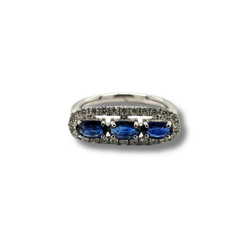 14KW 3 Stone Blue Sapphire and Diamond Ring