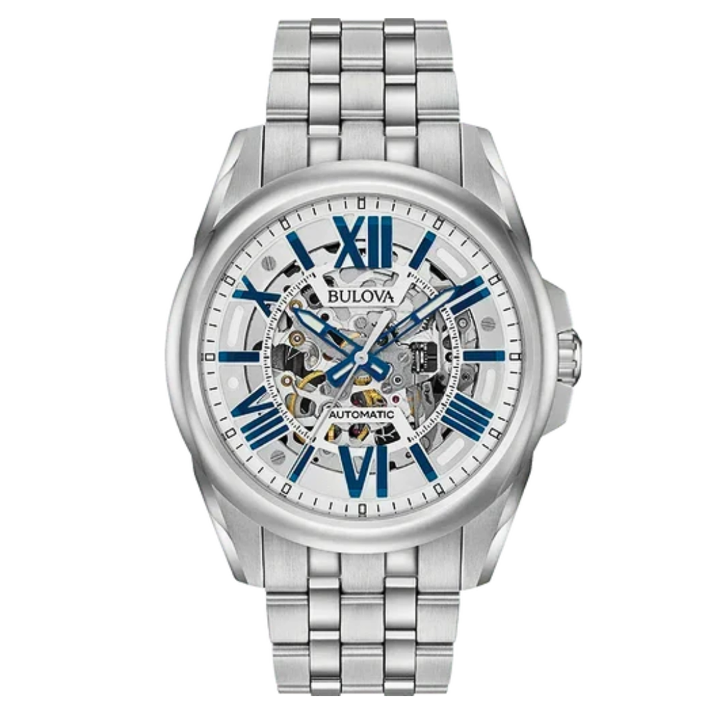 Bulova Blue Dial Silver Tone Sutton Skeleton Watch 96A187