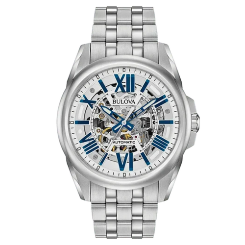 Bulova Blue Dial Silver Tone Sutton Skeleton Watch 96A187