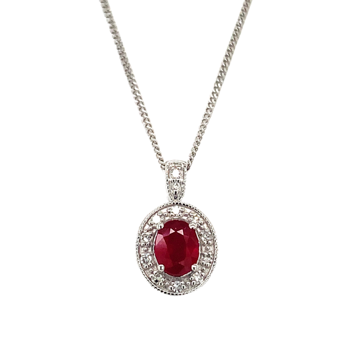 14KW Natural Ruby Solitaire and Diamond Oval Pendant
