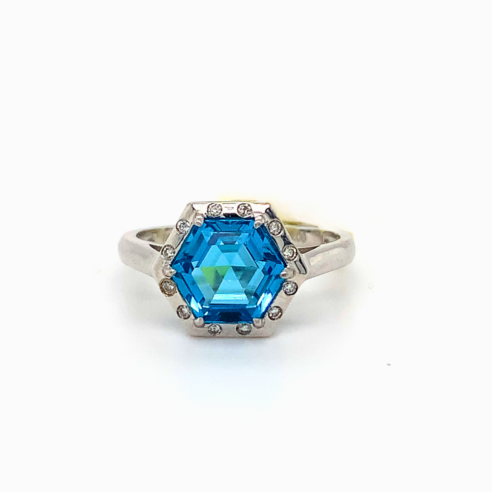 14kt White Gold Blue Topaz + Diamond ring