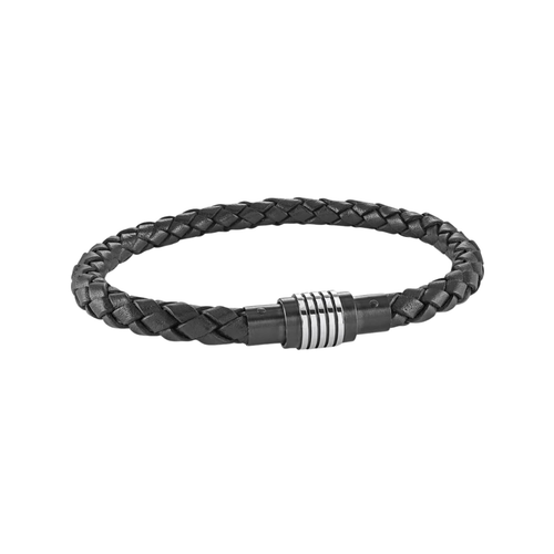 Italgem Stainless Steel Black Leather Bracelet