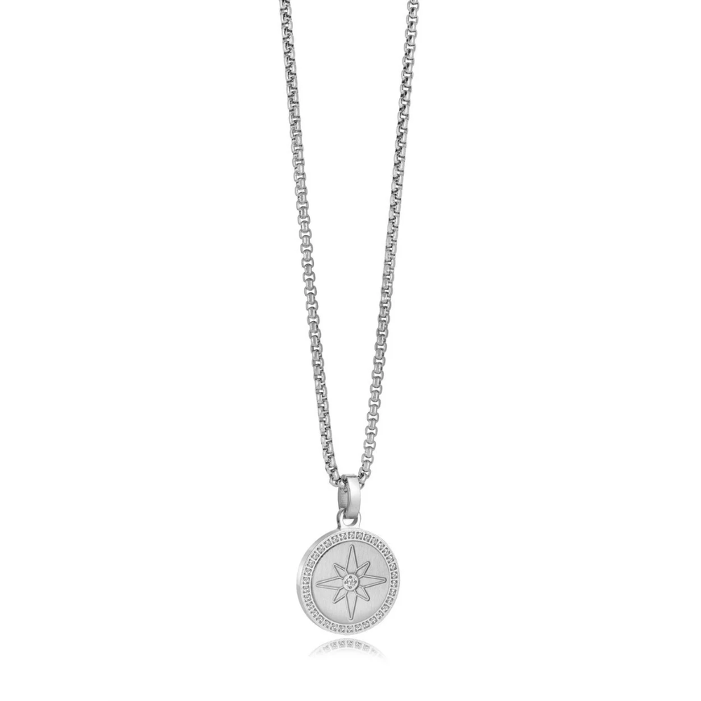 Italgem Stainless Steel CZ Compass Star Necklace