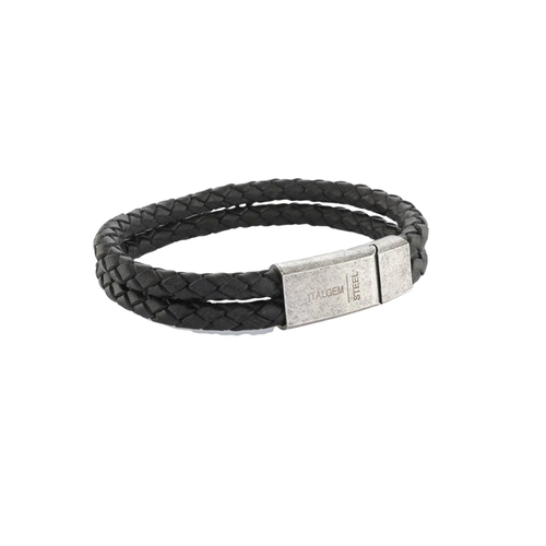 Italgem Stainless Steel Black Leather Bracelet