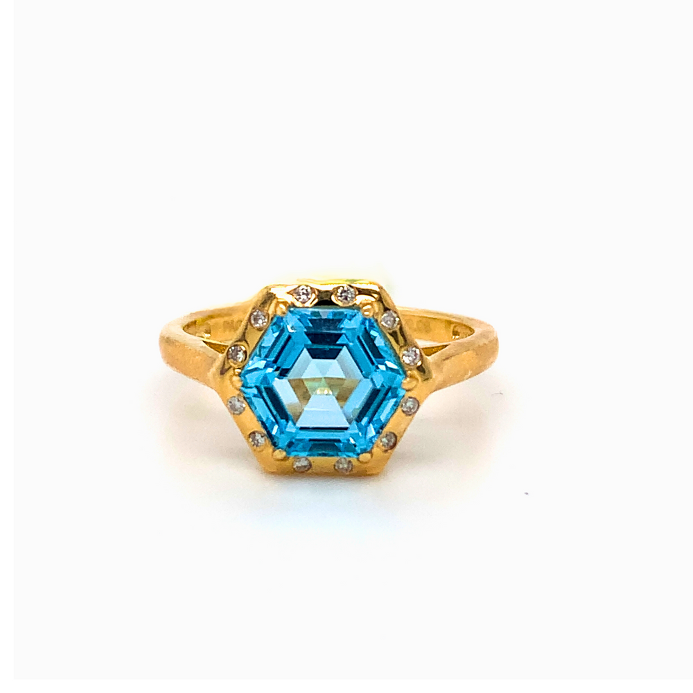 14kt Yellow Gold Blue Topaz + Diamond ring