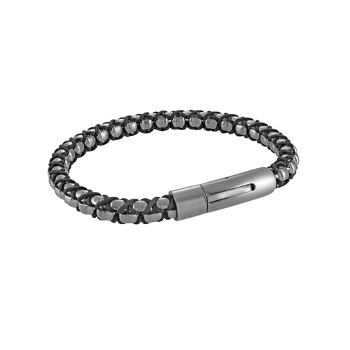 Italgem Stainless Steel Black Leather Bracelet